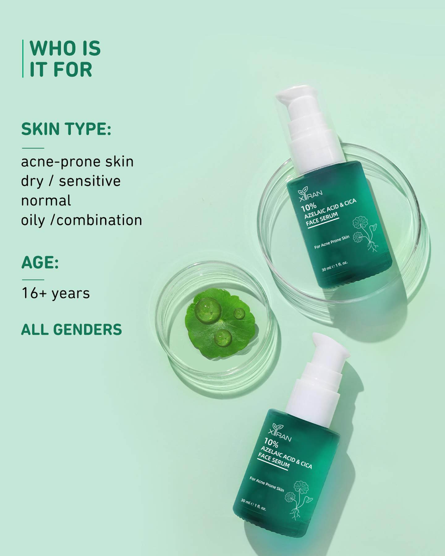 Private Label Dark Spot Correcting 10% Azelaic Acid & Cica Anti Acne Face Serum 4 suits all skin types