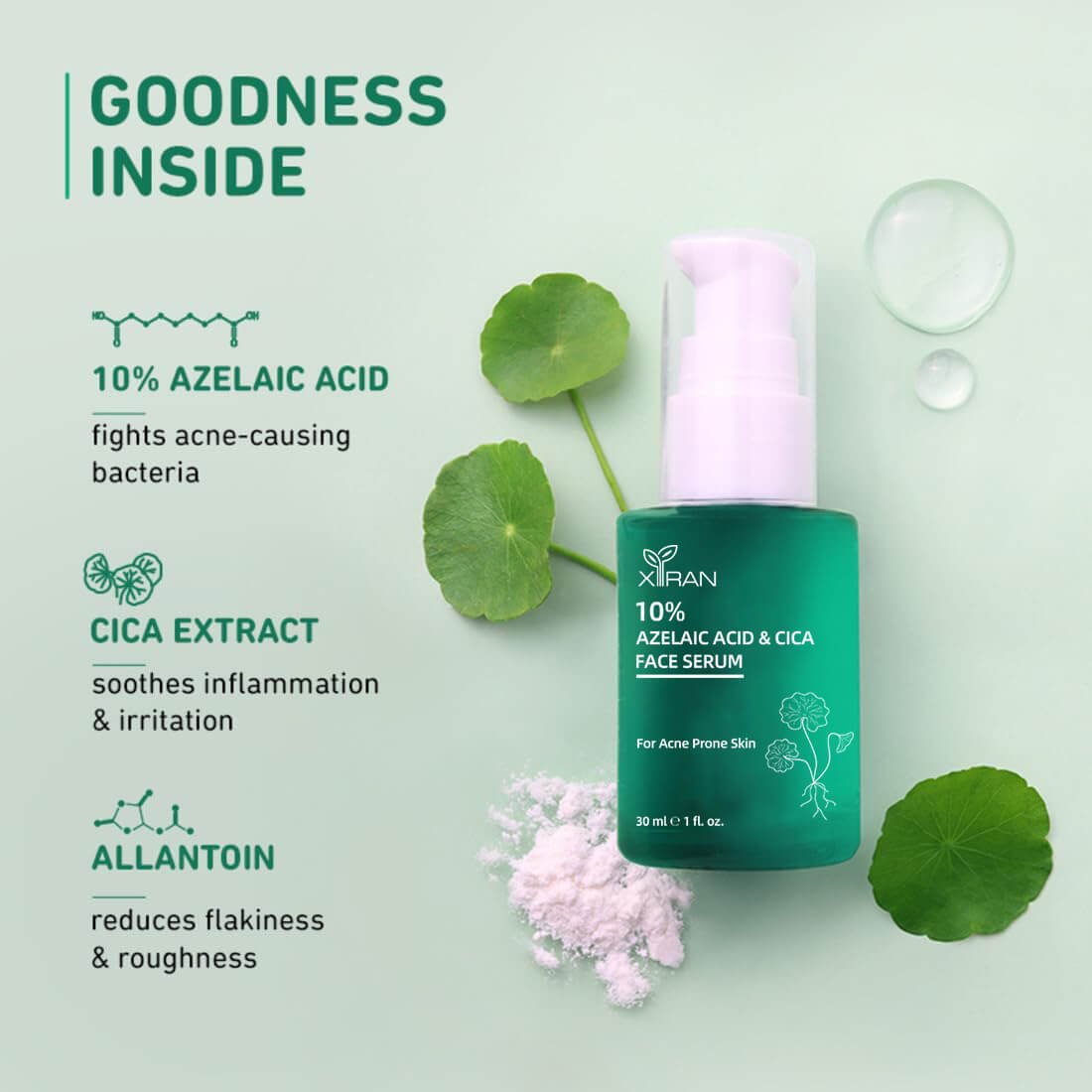 Private Label Dark Spot Correcting 10% Azelaic Acid & Cica Anti Acne Face Serum 2 10% Azelaic Acid, calming Cica extract & the nourishing Allantoin.