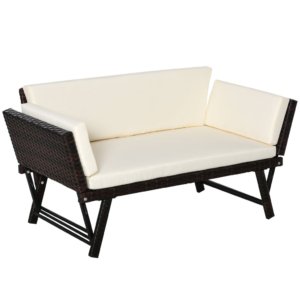 Divano da Giardino 2 Posti Trasformabile in Lettino in Rattan Sintetico Bianco 129x66x79 cm