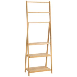 Foldable Towel Rack w/3 Bars & 3 Shelves, Natural Wood 53x30.5x152cm