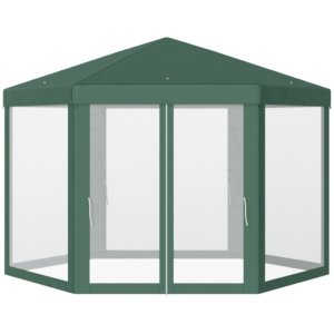 Gazebo Esagonale 3,9x2,5 m con Zanzariere in Ferro e Poliestere Verde