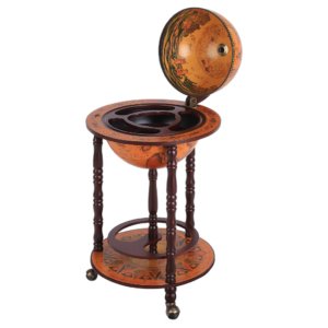 Vintage Wooden Globe Bottle Rack 44x87cm w/ 3 Wheels