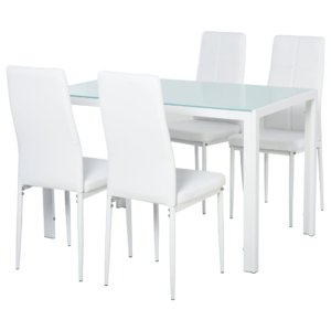 White Glass Dining Set: Table + 4 Metal Chairs