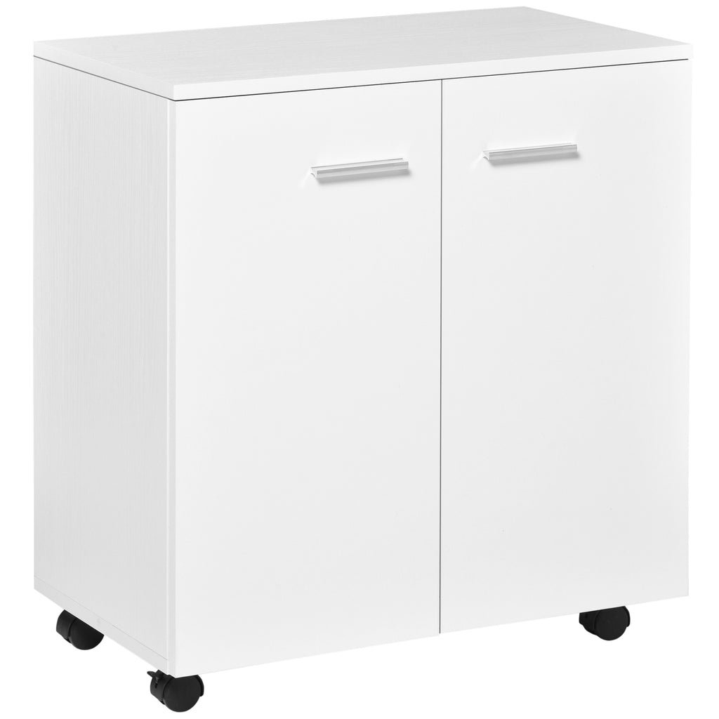 White Wood TV Stand w/ Wheels & 2 Doors 60x35x65cm